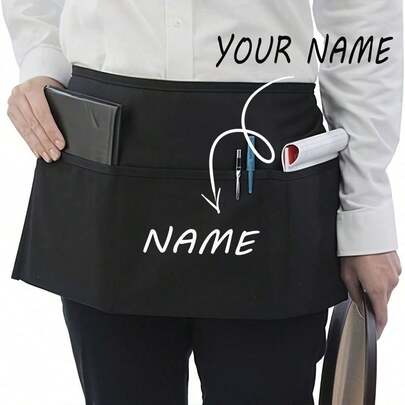 1Pc Personalized Custom Unisex Polyester Apron With 3 Pockets - Customizable Short Half Waist Waiter Work Uniform Hair Stylist Black Apron Hairdresser Beauty Salon Cosmetologist Cosmetology School Barber Gift Custom, For Kitchen, Hotel, Restaurant, Cooking, Baking, And Chef Use, Perfect For Personalized Text Or Logo, Adjustable, Ornamental, Reusable, Breathable,Souvenirs,Reusable,Adorable,High-Quality,Kitchen Essentials