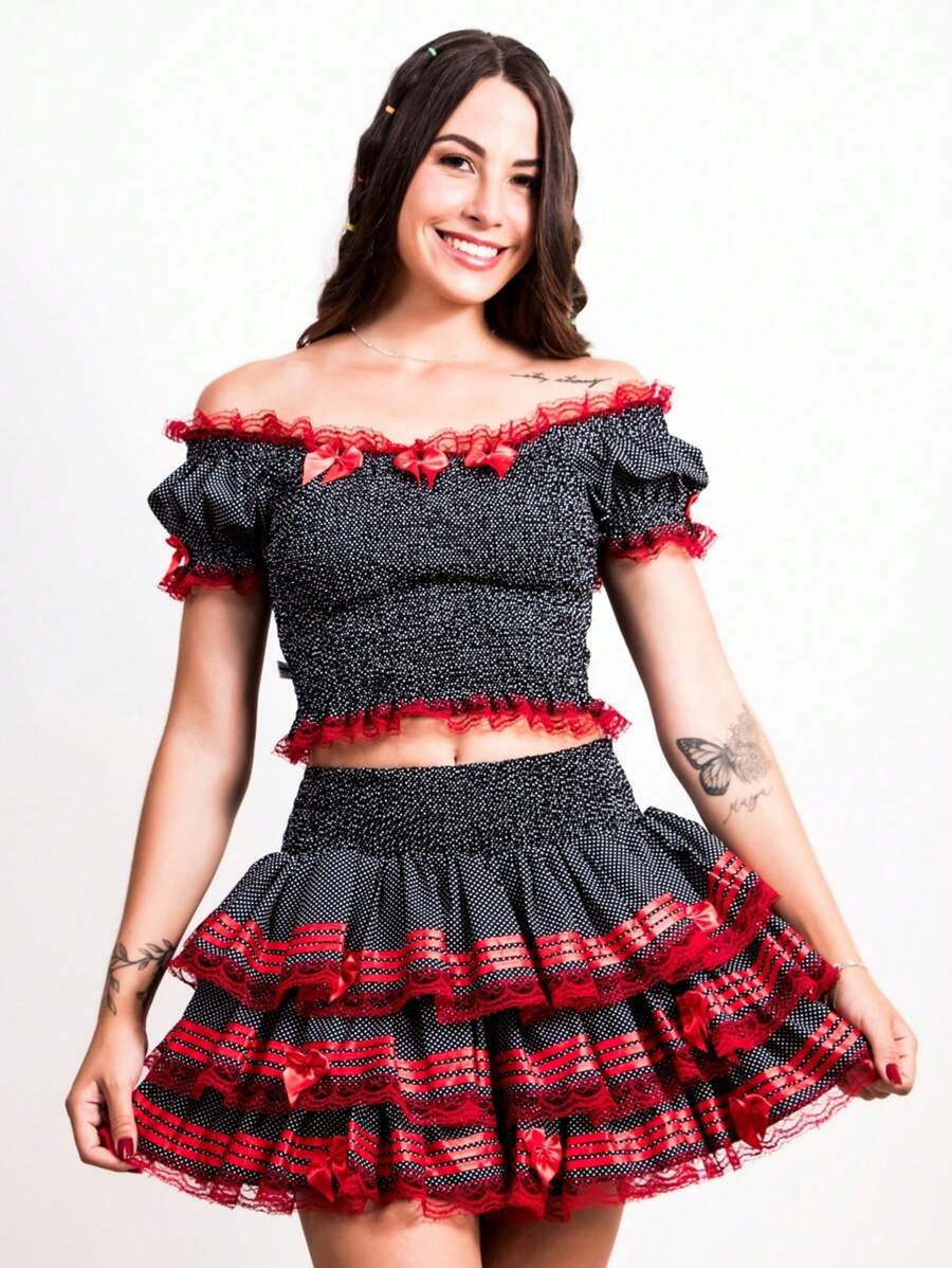 Polka Dot Country Style Set - Skirt And Blouse - São João Festival, June Festival, Arraia, Polka Dots - 紅色 - 查看 1