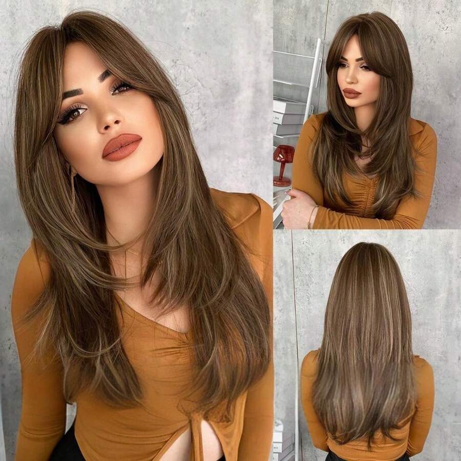 EAVIN GARY 20 Inch WIGS Honey Blonde Wig With Bangs Long Brown Wigs For Women,Layered Heat Resistant Synthetic Wigs For Daily Use - S1B/4/27 - Xem 1
