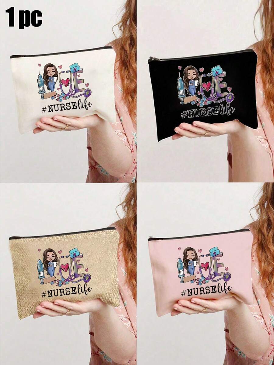 多功能帆布拉链药包，带彩色医疗印花，护士主题化妆包 - 轻质无味涤纶旅行洗漱包
