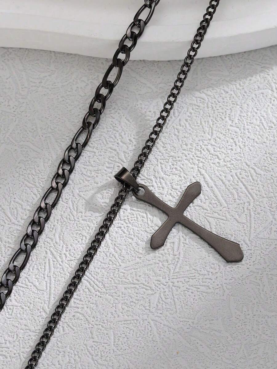 2pcs/Set Men's Casual Decorative Crossed Draping Cross Chain Necklace Set - Black - View 1