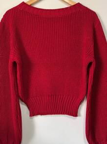 Plain Fang Knit Cropped With Puff Sleeves, Women's Cold-Weather Blouse. - Rojo - Ver 2