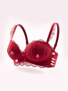 Women's Red Small Bust Enhancing Push Up Underwire Bra With Lace Ditsy Floral Embroidery, Strapless Design, Suitable For Small Bust