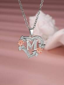 Tsnamer 1 Stück exquisiter Halskette mit kubischem Zirkonia-Initialen und herz-geschnitztem 26 Buchstaben A-Z sowie Blumen, Damen Schmuck für den täglichen Gebrauch