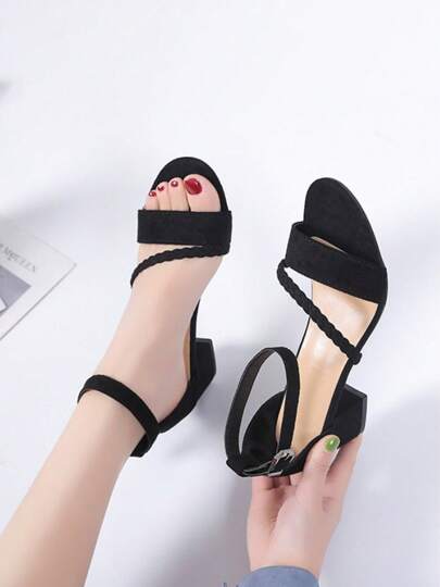 Sandalias de tacón alto con cordones y punta abierta sexys y elegantes de color negro para mujer, sandalias de tacón bajo y tacón grueso, adecuadas para uso diario en primavera y verano.