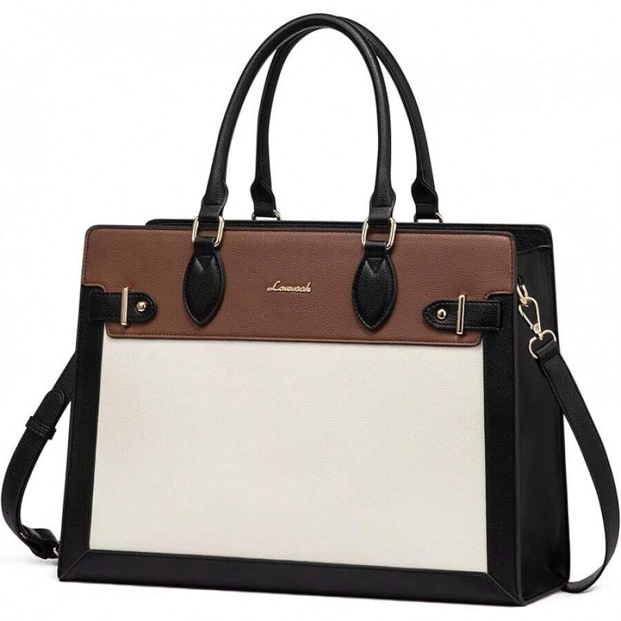 17 Inch Laptop Tote Bag Women, Business Computer Briefcase, PU Leather Tote, Large Office Shoulder Bag Teachers, Work Accessory - 黑白棕 - 查看 1