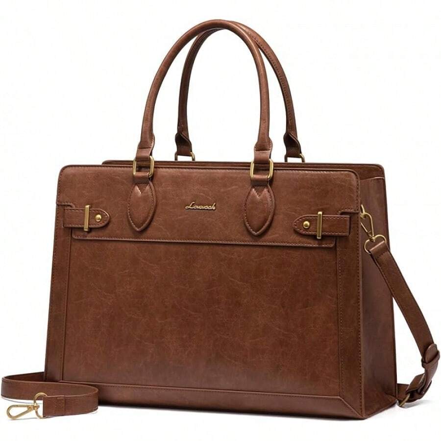 17 Inch Laptop Tote Bag Women, Business Computer Briefcase, PU Leather Tote, Large Office Shoulder Bag Teachers, Work Accessory - 棕色(復古皮革) - 查看 1