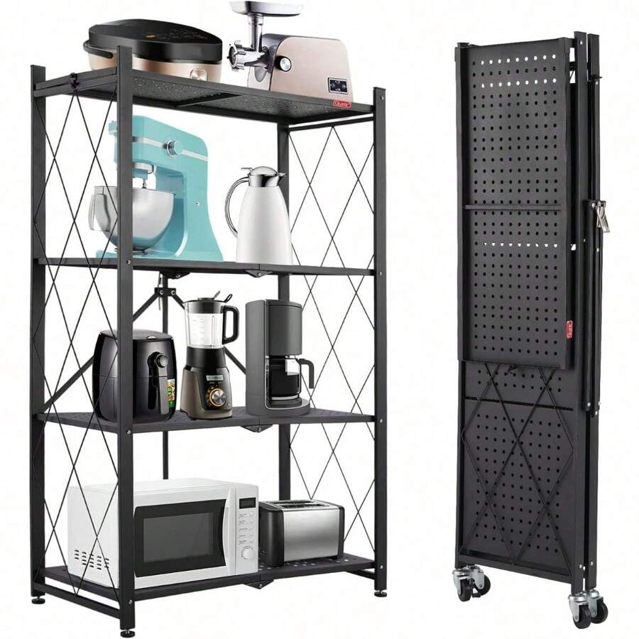 Black 4-Shelf Foldable Storage Shelves With Wheels, Metal Wire Shelving Unit, Freestanding, No Assembly, For Garage, Kitchen, Basement, Pantry​ - Black - View 1