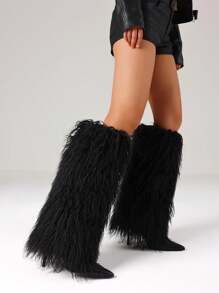 Stiletto High Heel Women Knee High Boots Furry Fluffy Fashion Luxury Sexy Elegant Nightclub Halloween Winter Snow Shoes For Woman - màu đen - Xem 3
