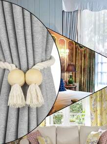 Sujetacortinas magnéticos con borlas de madera y cuerda tejida a mano - Diseño sólido de madera bohemio para dormitorio/sala de estar/cocina/oficina/jardín, sostenedores ajustables sin herramientas para cortinas finas y gruesas + Decoración del hogar bohemia