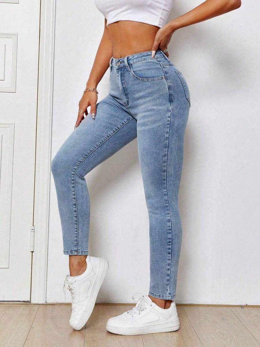 Pantalones de mezclilla elegantes, jeans y ropa de mujer Jeans ajustados de moda para mujer con tobillo elástico para uso diario - Gris Claro - Ver 1
