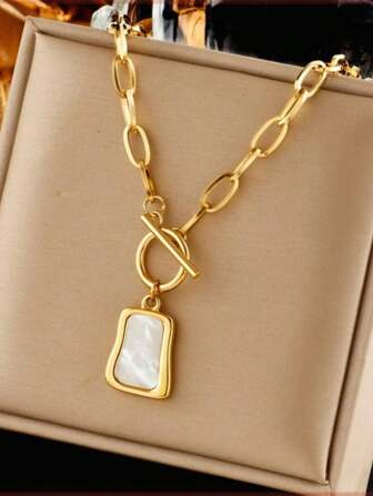 1pc Gold Tone Vintage White Bead Chain Stainless Steel Necklace For Women, Short Length Sweater Chain All-match Cool Style