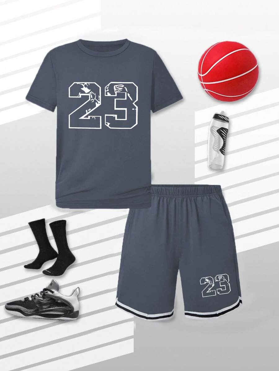2pcs/Set Boys' Sports Outfit, Casual Basketball Jersey Letter Print Top And Shorts Set, For Older Kids - Grey - View 1