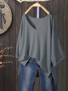 1pc High Low Elegant V-Neck Loose Stretchy Top, Machine Washable For Summer - Dark Grey - View 1