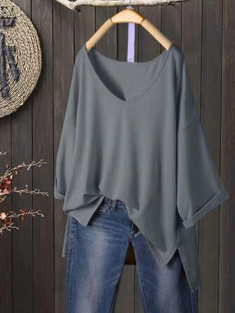 1pc High Low Elegant V-Neck Loose Stretchy Top, Machine Washable For Summer