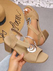 2025 女士露趾粗跟凉鞋，交叉带复古罗马舒适高跟鞋 - 杏色 - 查看 2