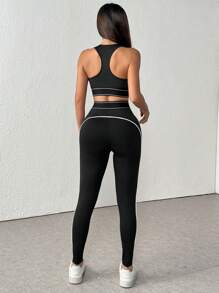 Set de 2 piezas con top corto sin espalda y mallas deportivas de cintura alta, conjunto casual de entrenamiento y acondicionamiento físico para exterior