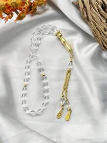 1pc Small Size Simple 33 Beads Solid Color Glass Elastic Bracelet, Suitable For Daily Wear By Men - Clear - View 4