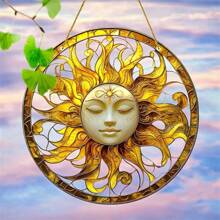1 pieza, Impresión plana 2D, Atrapasol del dios sol dorado, Atrapasoles de jardín (20cm x 20cm), Decoración colgante de ventana de acrílico con vidrio teñido, Adecuado para decoración del hogar en cualquier temporada, club, escuelas, arte de pared, sala de estar, decoración de bodas, regalo de cumpleaños, regalo ideal