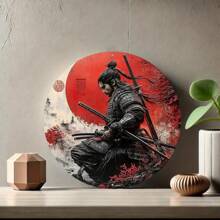 1pc Japanese Samurai Flat Metal Wall Art, 20.32x20.32cm, High Definition Printing, Weather-Resistant, Pre-Drilled For Easy Hanging - Home, Living Room, Bedroom, Garage, Cafe Decor, Vintage Style, Home Theme, Best For Christmas, Random Hole Position