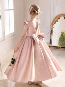 Tween Girl High-End Pink Dress With Bow Backless Long Formal Gown - Pink - View 7