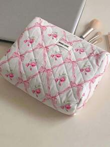1Pc/Set Bow Knot & Rose Design Quilting Cosmetic Bag, Fashionable Portable Makeup Bag, Multi-Functional Storage Bag For Lipstick, Sanitary Napkin, Coins, Keys Etc, Large Capacity Lovely Wash Bag For Travel Organizer Cosmetic Bag For Travel, Mother's Day Gift, Valentine's Day, Anniversary. Summer Travel, Vacation Home Bathroom Decor Holiday Makeup Organizer Bathroom Accessories Back To School