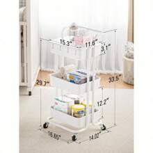 3 Tier Rolling Cart With Table Top, Utility Cart With Wheels & 4 Hooks, Rolling Storage Cart For Home Storage And Organization, White, PIUC09W