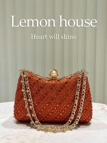 1 件橙色闪亮水钻装饰手提包，时尚优雅手拿包，适合晚间鸡尾酒会、婚礼、宴会 - 橘色 - 查看 2