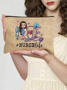 多功能帆布拉链药包，带彩色医疗印花，护士主题化妆包 - 轻质无味涤纶旅行洗漱包