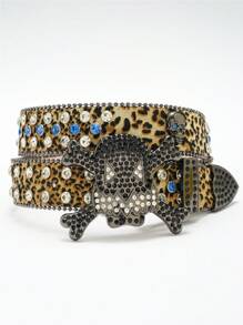 A Men's Solid Color Street Rhinestone Inlaid Fashionable Hip-Hop Skull Belt - Multicolor - View 15