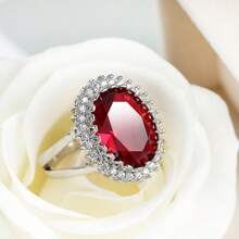 1pc Elegant Red Cubic Zirconia Oval Ring For Women, Wedding Jewelry Gift, Sparkling Jewelry For 2025 Wedding Season