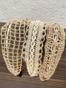 1 件复古波西米亚风穿孔格子交叉波浪边头带时尚发饰，适合日常佩戴、发带、发箍 - 米色 - 查看 3