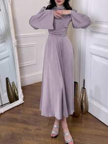 上衣春季新款修腰纯色长袖连衣裙配腰带，女士优雅连衣裙，优雅缎面复古连衣裙，端庄