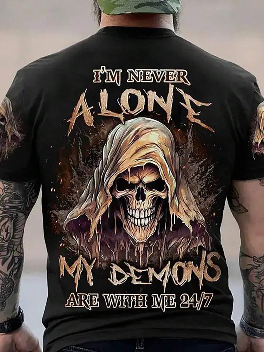 男士“我永远不会孤单，我的恶魔与我同在”骷髅印花短袖T恤 - 彩色 - 查看 1