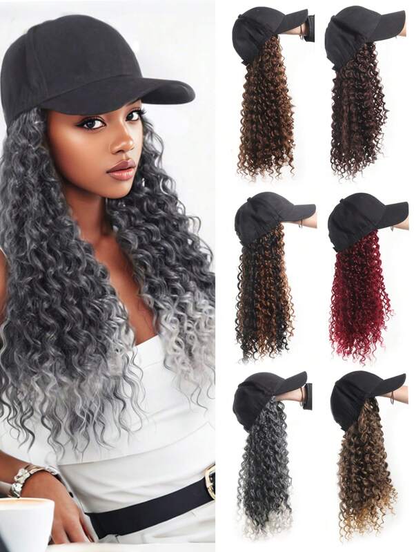 Peluca rizada y ondulada de pelo largo, ondulado y rizado de color marrón, rojo y gris con gorra de béisbol ajustable