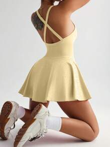 TCVC Women Seamless Knit Sports Dress, Criss-Cross Racerback, Sleeveless Square Neck Tennis Dress, Indoor And Outdoor Sports Yoga, Skin-Friendly Fabric, Bodycon Shaping - 黃色 - 查看 5