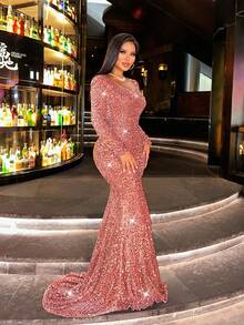 CHOSMO 新款秋季亮片长袖橙色舞会礼服，魅力优雅修身高腰晚礼服，女士长款连衣裙，正式长款连衣裙，长袖连衣裙，适合婚礼、春季派对等场合。 - 藕粉色 - 查看 2