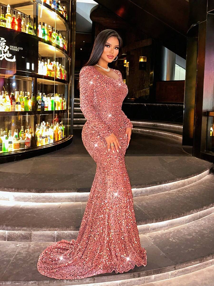 CHOSMO 新款秋季亮片长袖橙色舞会礼服，魅力优雅修身高腰晚礼服，女士长款连衣裙，正式长款连衣裙，长袖连衣裙，适合婚礼、春季派对等场合。