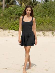 Women's Square Neck Ruffle Hem Mini Dress Ruched Waist Short Party Dresses