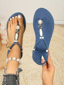 Dép xăng đan thoải mái thời trang mùa hè 2025 cho nữ, dép xỏ ngón đi biển Bohemian có khóa cài bằng đá Rhinestone co giãn - Màu xanh hải quân - Xem 2