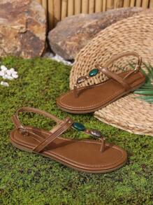 Women's Rhinestone Sandals, Lightweight, Casual, Versatile, Flat, Fashion, Summer Beach Wear - Brown - View 6