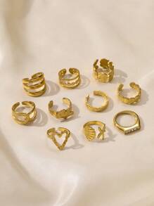 10 件时尚精致不锈钢戒指 18k 镀金花朵贝壳海星叶镶钻石几何图案女士戒指套装适合日常使用节日约会订婚婚礼母亲节礼物珠宝