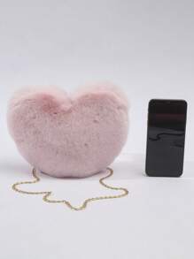 Pink Plush Heart Shaped Kids Crossbody Bag, Simple & Practical Multi-Functional Girls Furry Wallet, Ladies Soft Little Shoulder Bag Clutch Bag With Metal Chain, Perfect Funny Novelty & Prank Gifts, Autumn Wallet, Valentine's Day Gift