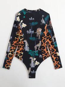 Summer Beach Surf Fashion Leopard Print Tropical Print Long Sleeve One Piece Swimsuit With Zipper For Water Sports