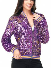 Chaqueta de manga larga con cremallera frontal y puños acanalados, con lentejuelas, para mujer, ideal para fiestas - Púrpura y dorado - Ver 3