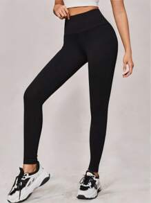OYGA Casual Versatile Solid High Waist Leggings - Black - View 1