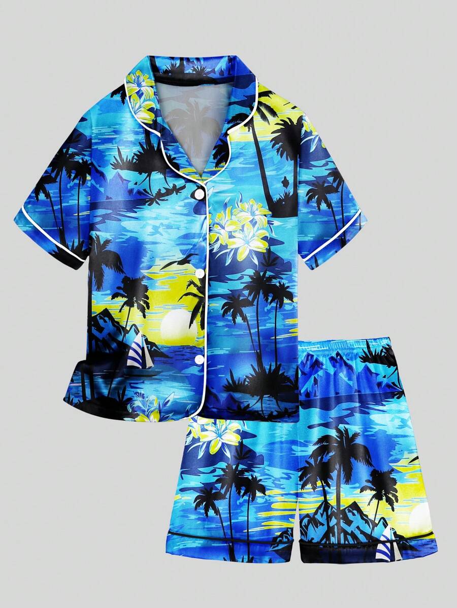 2pcs Young Boy Palm Tree Print Short Sleeve Top & Shorts Pajama Set - Multicolor - View 1