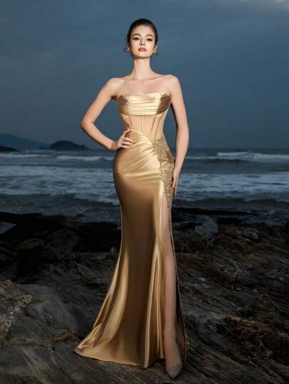 Lindo vestido de dama de honra vintage dourado sexy estilo tubo de meados do século com espartilho