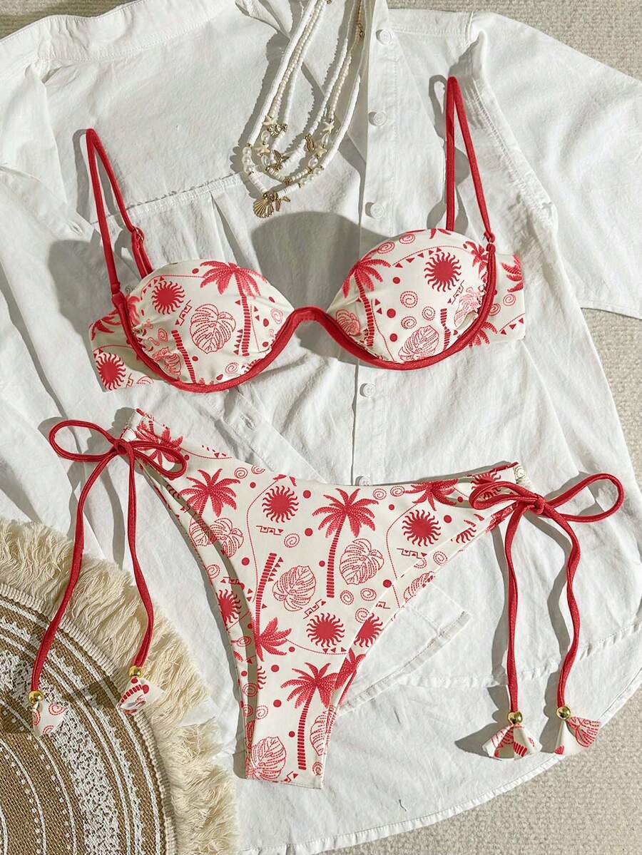 Bikinx 女士钢圈假日印花比基尼套装，带流苏系带 - 彩色 - 查看 1