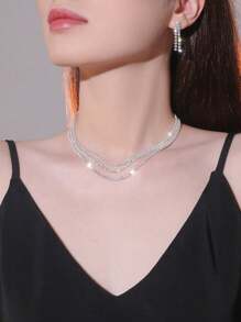 2pcs/Set Fashion Sparkling Crystal Rhinestone Necklace & Earrings Set, Bridal Jewelry For Wedding And Party - Silver - View 1